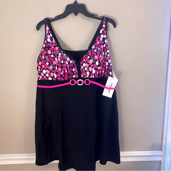 Swimsuits For all One Piece Swimdress black Pink polka dot Size 22 NWT - Picture 3 of 8